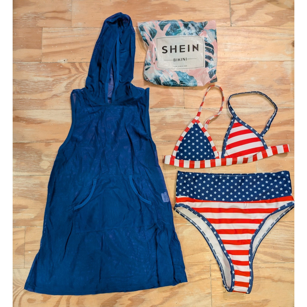 Womens Nip Shein American Flag Bikini Size SM & Sheer Blue Coverup Top Girls LG
